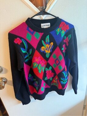 Alfred Dunner Vintage 80s/90s Embroidered Floral Argyle Pullover Grandmacore